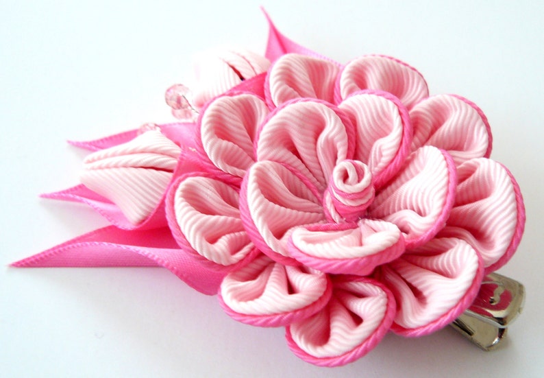 Kanzashi fabric flower hair clip, Pink fabric flower. image 3