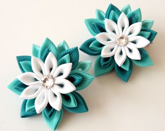 Kanzashi  Fabric Flowers. Set of 2 hair clips. Teal and white hair clips. Teal girl's hair clips. Kanzashi hair clips. Girl's hair clips