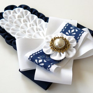 Ladies fabric pin brooch tie. Navy blue and white bow brooch tie. Uniform brooch tie. Brooch with kanzashi flowers.Bow tie brooch pin.