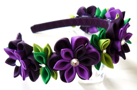 Purple Kanzashi Flower Headband: Grosgrain Ribbon Floral  display picture 3