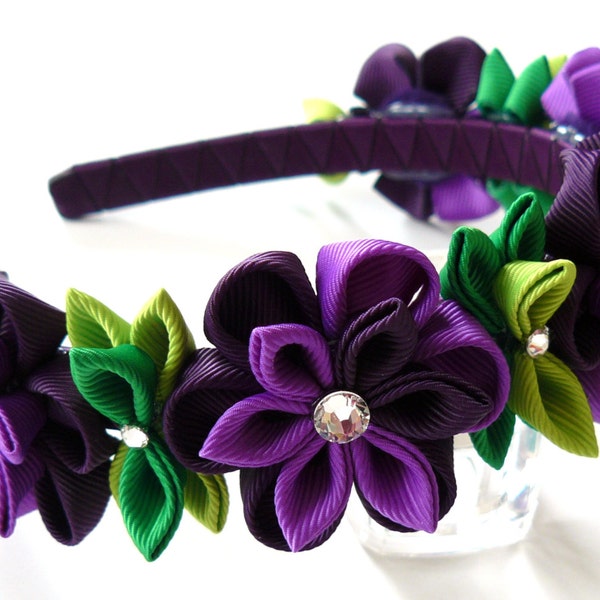 Purple Kanzashi Fabric Flower headband. Purple flower crown headband. Wedding bridal headpiece. Kanzashi flower crown. Floral headpiece