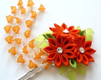 Orange Kanzashi fabric flower hair fork.  Orange kanzashi flower hair U pin. Japanese hair fork. Kanzashi hair stick. Oriental hair pin.