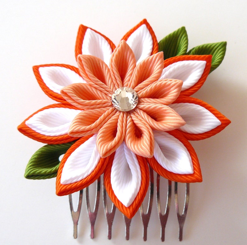 Kanzashi Fabric Flower Hair Comb . Orange Kanzashi Hair Comb. Etsy
