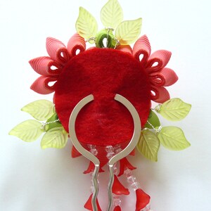 Coral Red Kanzashi fabric flower hair fork. Red kanzashi flower hair U pin. Japanese hair fork. Kanzashi hair stick. image 4