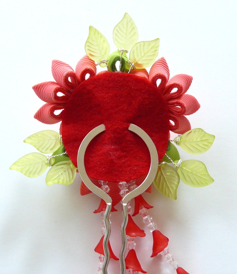 Coral Red Kanzashi fabric flower hair fork. Red kanzashi flower hair U pin. Japanese hair fork. Kanzashi hair stick. image 4