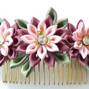 Kanzashi Fabric Flower hair comb-Pink hair comb-Wedding hair piece-Pink flower wedding hair accessories-Wedding hair clip