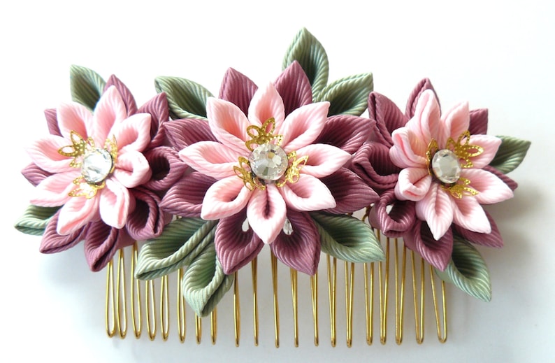 Kanzashi Fabric Flower Hair Combpink Hair Combwedding Hair Etsy
