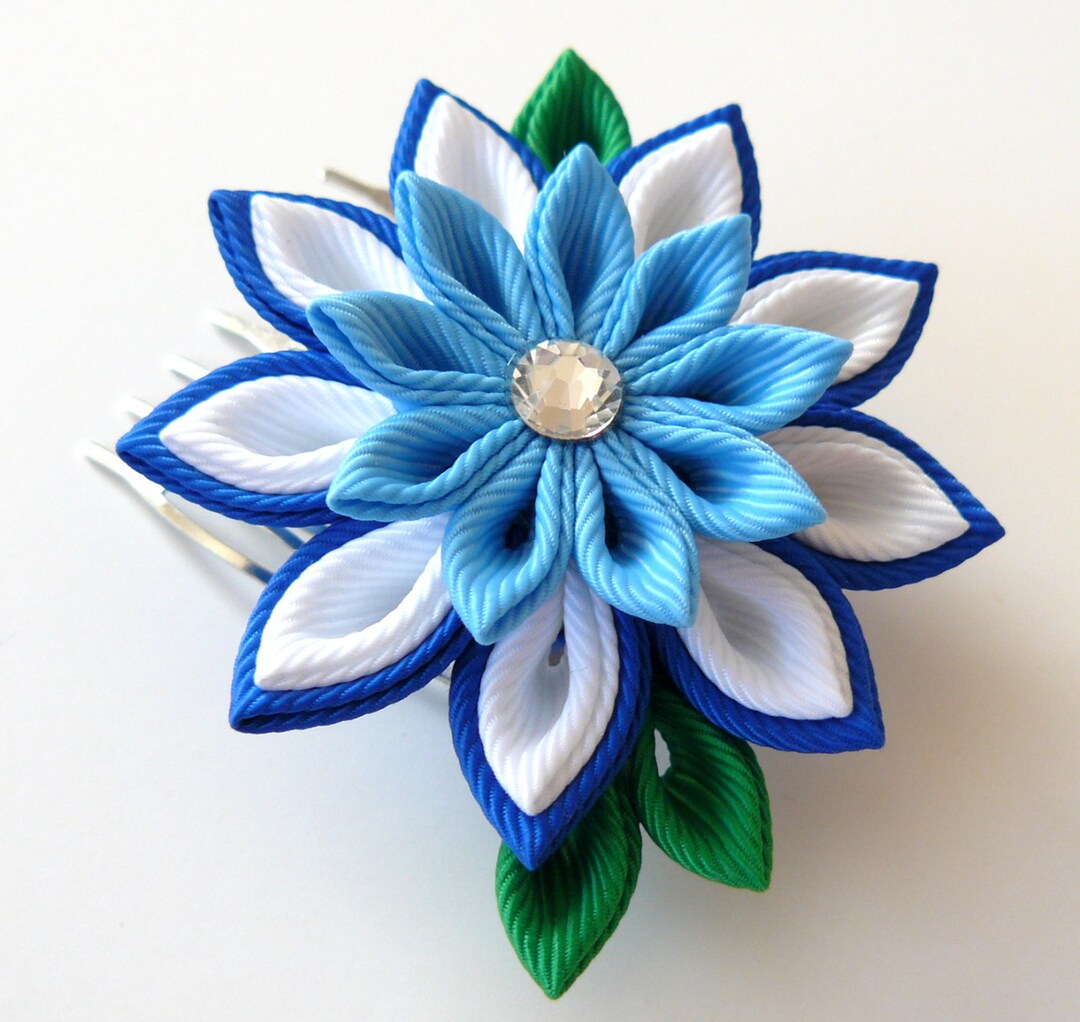 Pic à Cheveux Fleur Tissu Bleu Japonais Tsumami Kanzashi - Fait Main, Neuf Sans étiquette