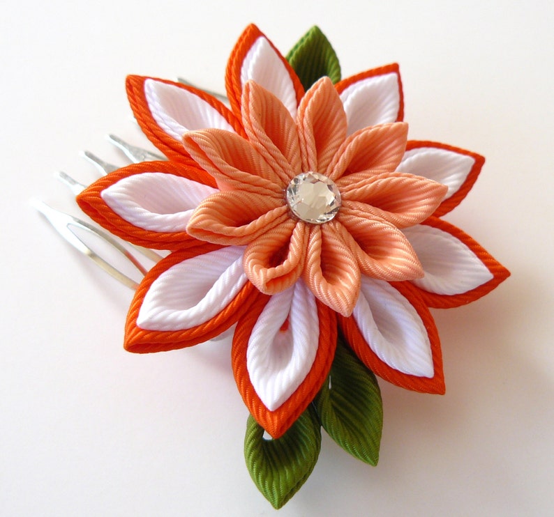 Kanzashi Fabric Flower Hair Comb . Orange Kanzashi Hair Comb. Etsy