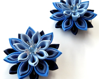 Kanzashi  Fabric Flowers. Set of 2 hair clips. Shades of blue