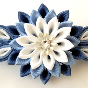 Kanzashi fabric flower french barrette. Blue and white. image 2