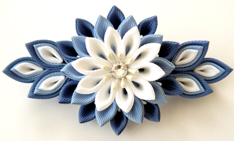 Kanzashi fabric flower french barrette. Blue and white. image 2