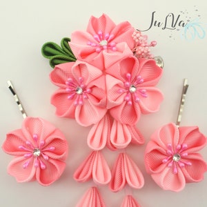 Kanzashi flower hair clip,Pink kanzashi flowers,Japanese pink hair piece,Hair clip with pink flowers,Cherry blossom flower hair piece image 4