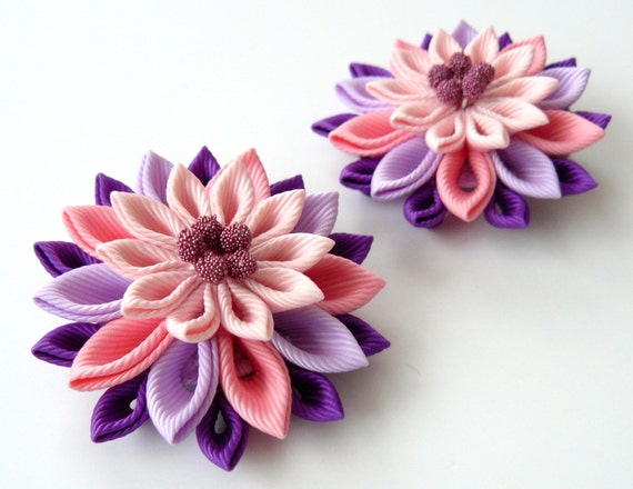 Kanzashi Fabric Flowers. Set of 2 Hair Clips. Pink Purple | Etsy