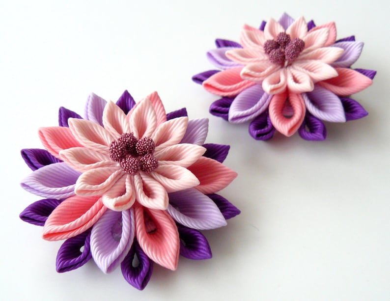 purple hair clips Girls hair clips. Pink Set of 2 hair clips Kanzashi Fabric Flowers