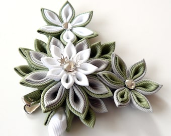 Kanzashi fabric flower hair clip. White, grey and green kanzashi.