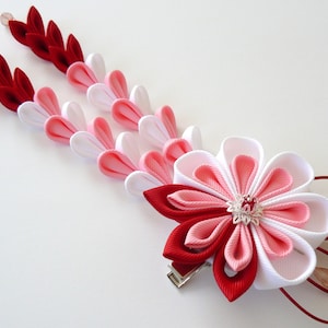 Kanzashi Flower hair clip with falls. Red pink white fabric flower. Red pink white kanzashi. Red pink Japanese hair piece. Geishas clip image 1