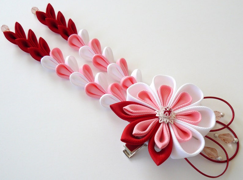 Kanzashi Flower hair clip with falls. Red pink white fabric flower. Red pink white kanzashi. Red pink Japanese hair piece. Geishas clip image 1