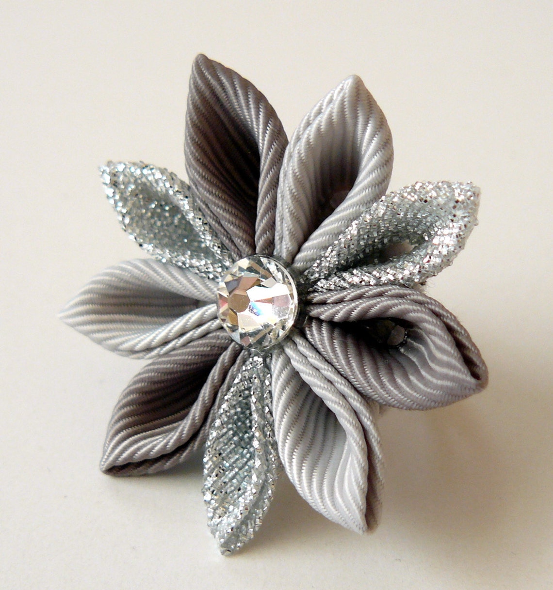 Kanzashi Fabric Flowers. Set of 3 Pieces. Silver and Grey. Etsy