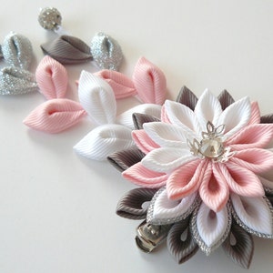 Kanzashi Fabric Flower hair clip with falls.  Pink kanzashi hair clip. Japanese hair flower. Geisha&#39;s hair piece.