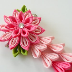 Pink Kanzashi Fabric Flower hair clip with falls. Pink fabric flower. Pink flower hair clip. Pink japanese hair clip.