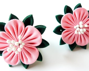 Kanzashi fabric flowers. Set of 2 ponytails. Pink and green.