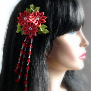 Coral Red Kanzashi fabric flower hair fork. Red kanzashi flower hair U pin. Japanese hair fork. Kanzashi hair stick. image 3