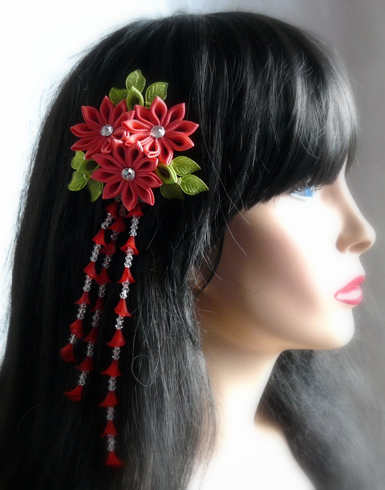 Coral Red Kanzashi fabric flower hair fork. Red kanzashi flower hair U pin. Japanese hair fork. Kanzashi hair stick. image 3