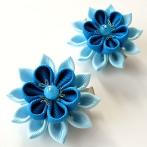Kanzashi Fabric Flowers. Set of 2 Hair Clips. Shades of Blue. - Etsy