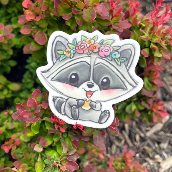Flower Crown Cutie Racoon Sticker, Chibi Sticker, Kawaii Sticker