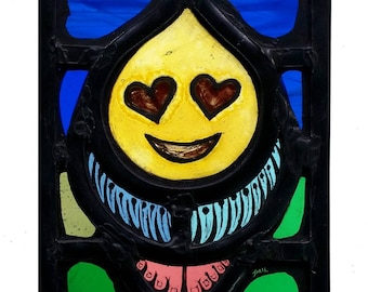 Stained Glass window, Emoji, Leaded, Ready to Hang, 95x138mm (3.75x5.4 inch), Hand painted, Smiley, kaomoji, Emoticon, Love