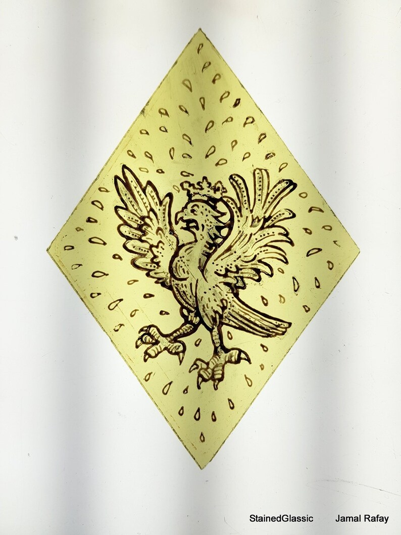 Stained Glass Hand Painted Heraldic Crowned Eagle, Hawk, Kiln fired, Ref: RmJu21-1 image 1