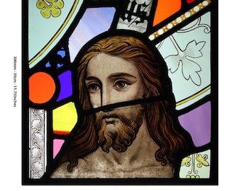 Stained Glass Panel, made up of 19th cen Antique Glass fragments, Re-Leaded, Recomposed, Antique portrait of Jesus Christ, Ref: JC-portrait