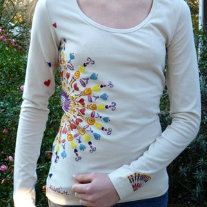 Beige long-sleeved T-shirt size S for women with &quot;Kaleidoscope&quot; theme hand-painted by Valérie