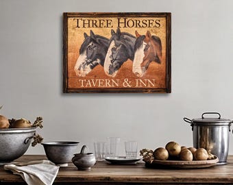 Three Horses Tavern & Inn Vintage Sign - Horse Lover Decor Art Antique Advertising Pub or Tavern Sign - Medium Repro of Original Art