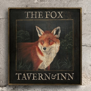 Fox art, Custom Signs, Rustic Paintings, Folk Art, Wall Art, Primitive Art, Fox Tavern & Inn - Reproduction of Hand Painted Original