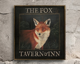 Fox art, Custom Signs, Rustic Paintings, Folk Art, Wall Art, Primitive Art, Fox Tavern & Inn - Reproduction of Hand Painted Original