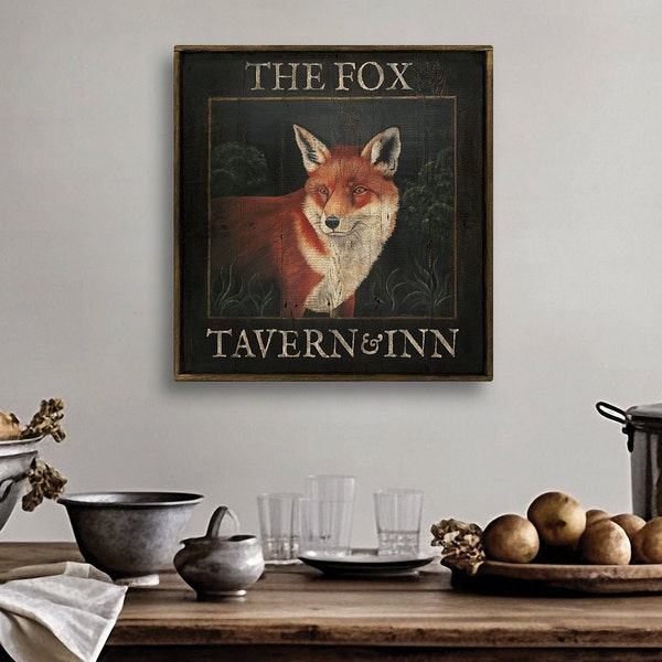 Skyltkonst i kolonialstil, rävjakt, hästkonst, primitiv inredning, barskyltkonst, pubväggskylt "The Fox Tavern & Inn" reproduktion av originalet
