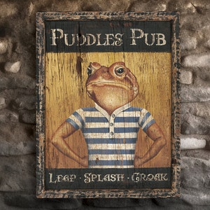 Vintage Tavern Sign &quot;Puddles Pub&quot; Frog Toad Art Antique Colonial Decor Tavern Sign British Pub Sign - Large Repro of Hand Painted Original