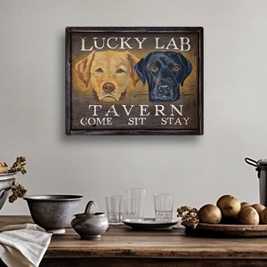 Black Lab Dog Art Rustic Painting Art Room Decor Tavern Pub Bar Sign Hunting Dog Art Retriever “Lucky Lab Tavern” - Med Repro of Original