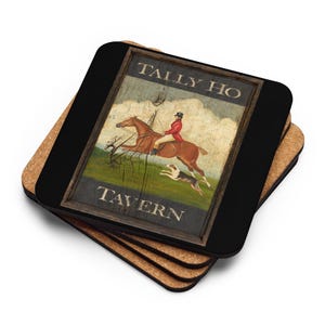 May include: A stack of four coasters with a black border and cork backing. The top coaster features a vintage-style illustration of a rider on a horse jumping over a fence, with the words "TALLY HO TAVERN" above and below the image.