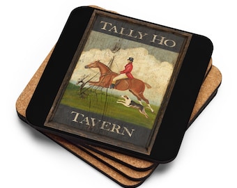 Posavasos con parte trasera de corcho, letrero de taberna vintage de Tally Ho Tavern, protección para mesa de pub, decoración de bar de pub, escena de caza