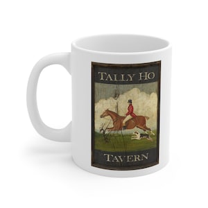 May include: White ceramic mug with a vintage-style image of a rider on horseback with a dog running behind. The image is framed in a dark wood frame with the text "Tally Ho Tavern" in white lettering.