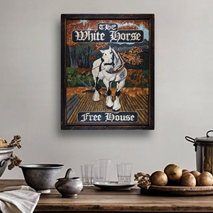 White Horse Art Antique Looking Vintage Tavern Pub Sign - 19th Century Look, Medium Repro of Hand Painted Original Art