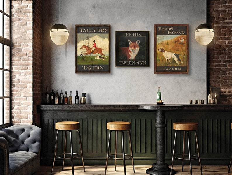 Tavern Sign Horse Art Rustic Painting Folk Art Fox Hunt Decor Etsy