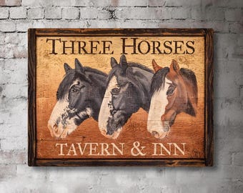 Three Horses Tavern & Inn Vintage Sign - Horse Art Antique Advertising Pub or Tavern Sign - Large Reproduction of Original Art