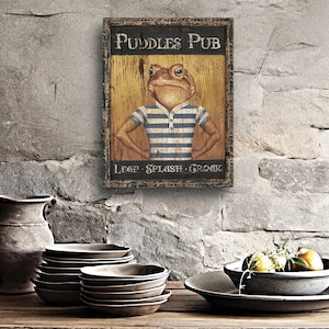 Vintage Tavern Sign &quot;Puddles Pub&quot; Frog Toad Art Antique Colonial Decor Tavern Sign British Pub Sign - Medium Repro of Hand Painted Original