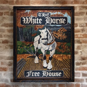 White Horse Art Antique Looking Vintage Tavern Pub Sign - 19th Century Look, Large Repro of Original Art