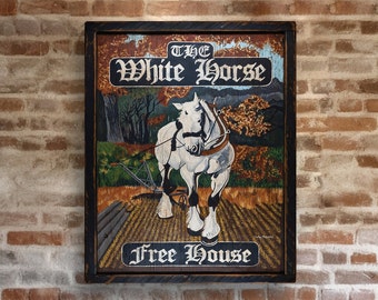White Horse Art Antique Looking Vintage Tavern Pub Sign - 19th Century Look, Large Repro of Original Art