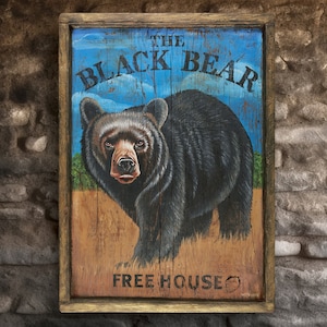 Pub &quot;Oso negro&quot; de aspecto antiguo, letrero de taberna - Gran reproducción de arte original pintado a mano - Pub publicitario o letrero de taberna